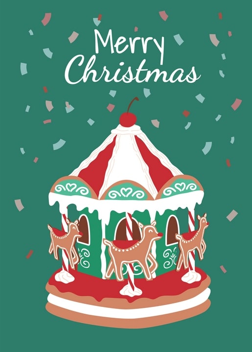 Illustrated gingerbread carousel with three reindeer cookies and a cherry-topped roof on teal background