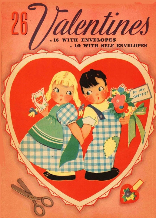 Boy and girl in matching gingham stand back-to-back inside a red heart, he holding flowers for ‘My Sweetie’