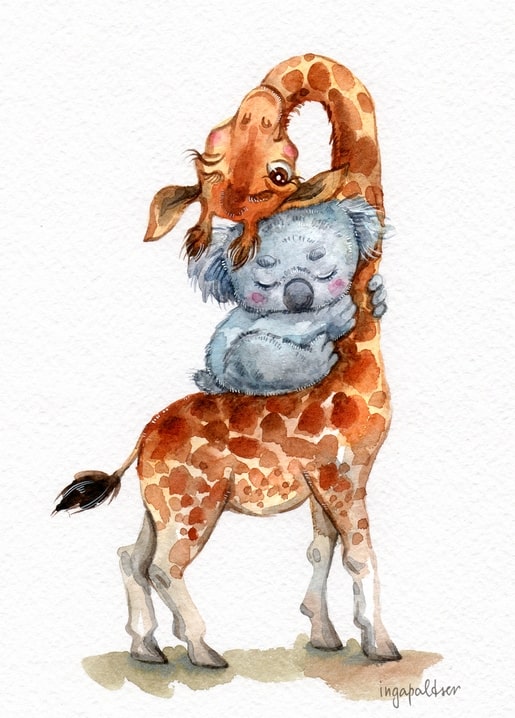 Watercolor illustration of a giraffe curling its neck to hug a sleepy koala
