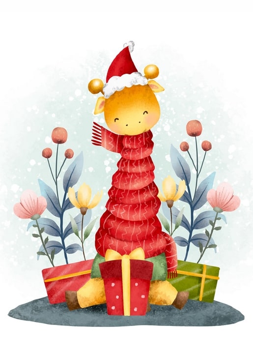 Aquarell-Giraffenbaby in Weihnachtsmütze auf Geschenken zwischen Winterblumen