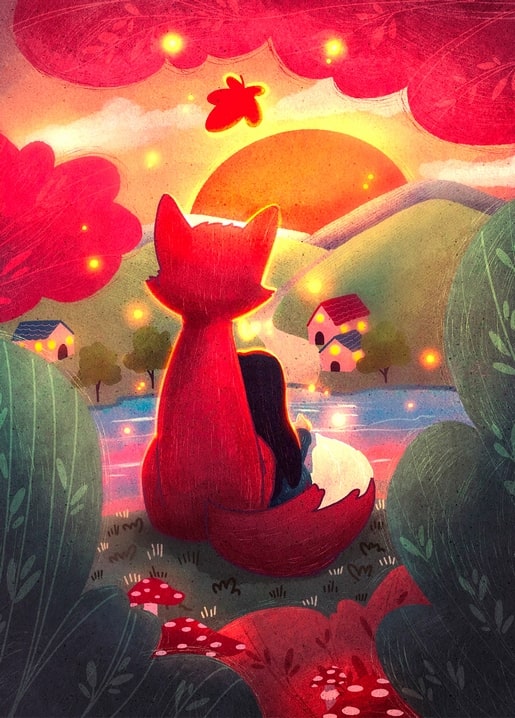 Mädchen und Fuchs sitzen im Gegenlicht zusammen und beobachten den Sonnenuntergang über einem See mit Häusern.