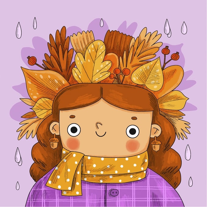 Illustrated girl with a crown of autumn leaves and acorn earrings in the rain