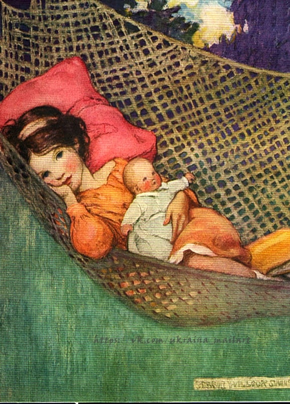 Girl and baby resting together in a hammock with a pink pillow, Jessie Willcox Smith illustration