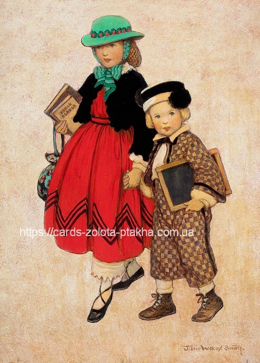 Girl in a red dress and boy in a checkered coat carrying books to school