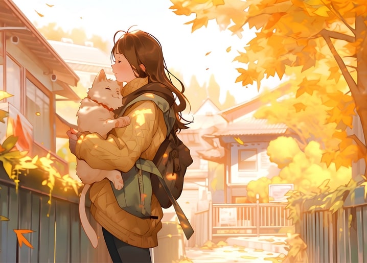 Girl in a yellow jacket carrying a white cat through a golden autumn street