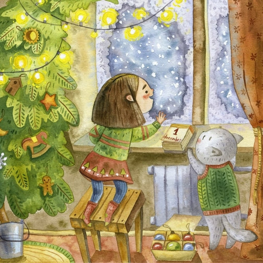 Girl and white cat looking out a snowy window beside a lit Christmas tree and advent calendar