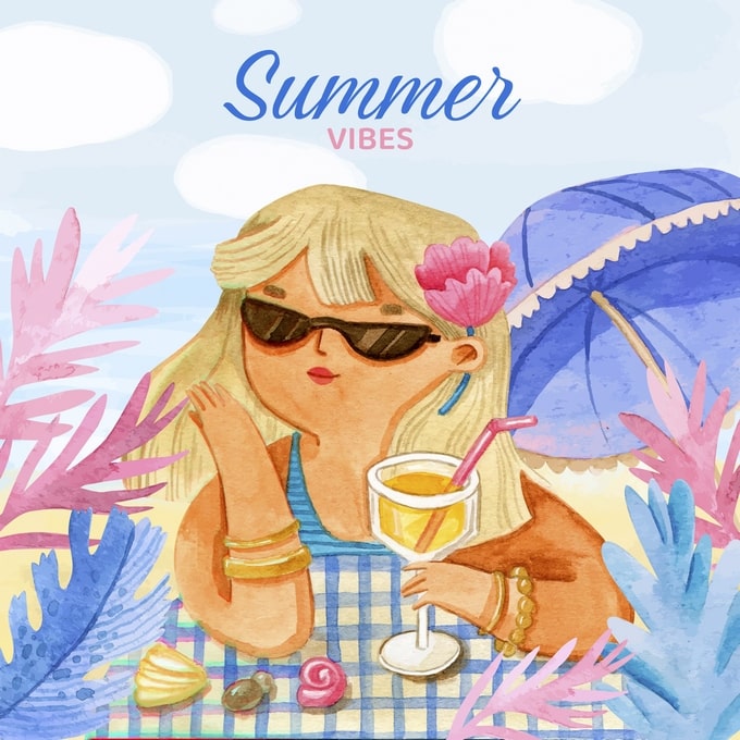 Watercolor girl in sunglasses sipping a cocktail under a striped beach umbrella