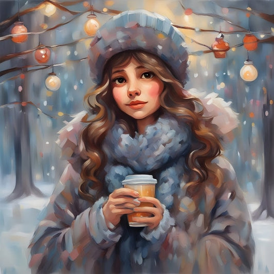 Illustration eines Mädchens mit blauer Mütze und Kaffeebecher unter Lichterkette und orangen Kugeln im Schnee