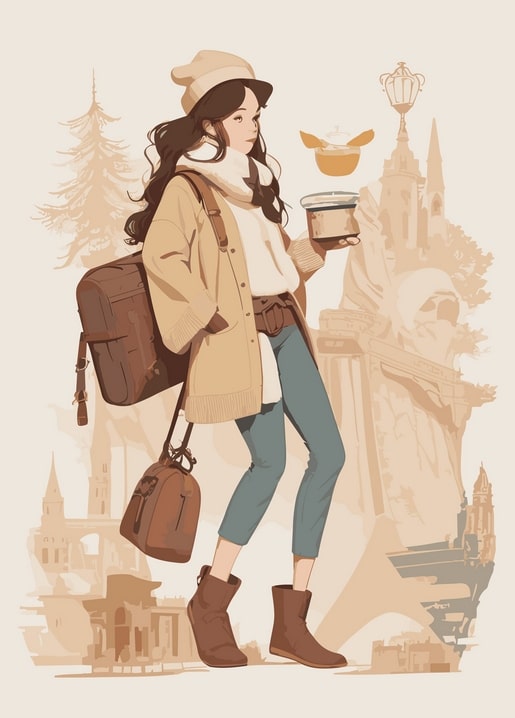 Illustrated girl walking through an old European town with coffee and a pastry floating beside her