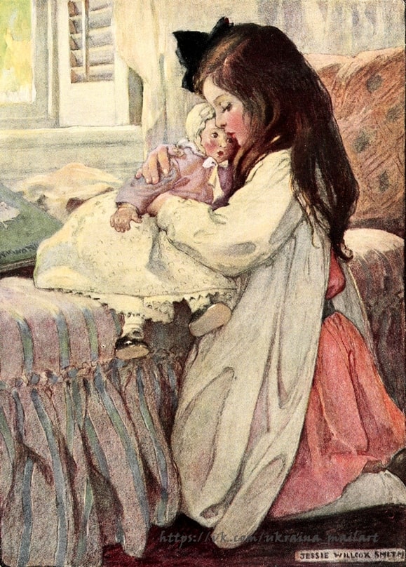 Illustration von Jessie Willcox Smith: Mädchen wiegt eine Puppe neben einem gestreiften Bettchen