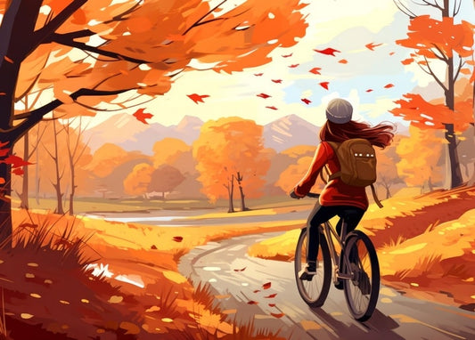 Illustration of a girl riding a bicycle down an autumn forest path with falling leaves