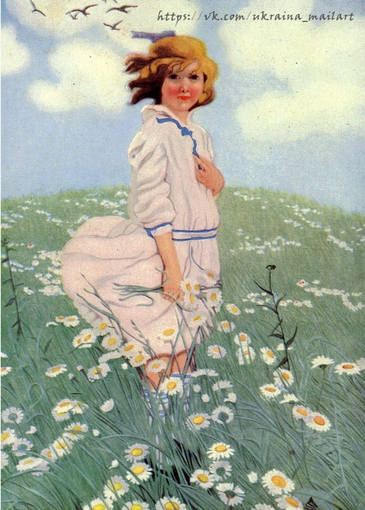 Mädchen im weißen Kleid zwischen Margeriten, darüber fliegende Vögel, Illustration von Jessie Willcox Smith