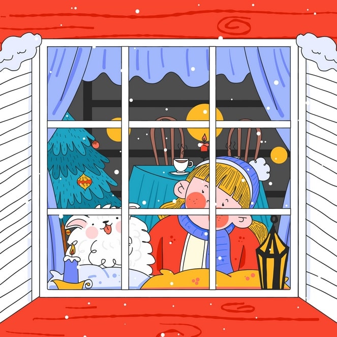 Illustrated postcard of a girl and a fluffy dog by a decorated Christmas tree at night
