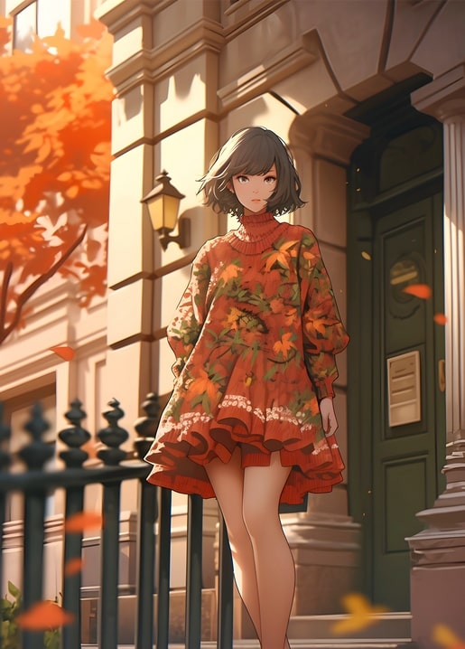 Illustrated girl in an orange floral sweater dress standing by a city townhouse doorway in autumn