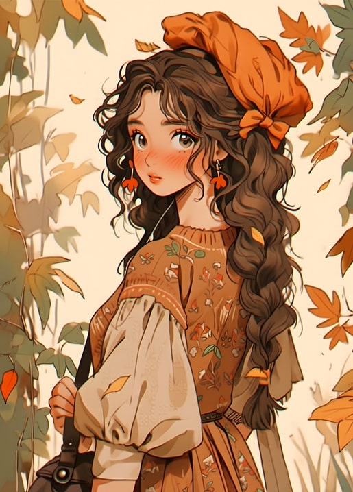 Curly-haired girl in a floral sweater and orange bow glancing back among autumn ivy