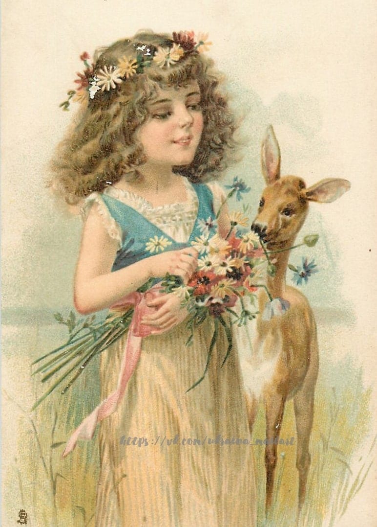 Vintage-Postkarte mit einem Mädchen im Blumenkranz, das einem Rehkitz Wildblumen reicht.
