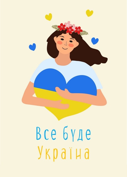 Mädchen mit Blumenkranz umarmt ein blau-gelbes Ukraine-Herz, umgeben von kleinen Herzen.
