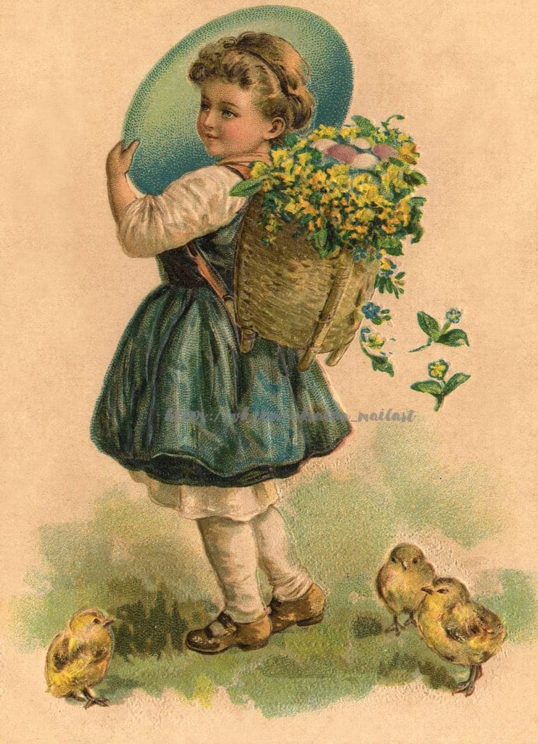Girl in blue dress carrying a basket of flowers and eggs, three chicks at her feet, vintage postcard