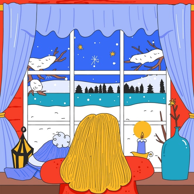 Illustrated postcard of a girl watching snow fall over pine trees and a frozen sea from a window