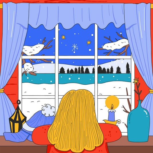 Illustrated postcard of a girl watching snow fall over pine trees and a frozen sea from a window