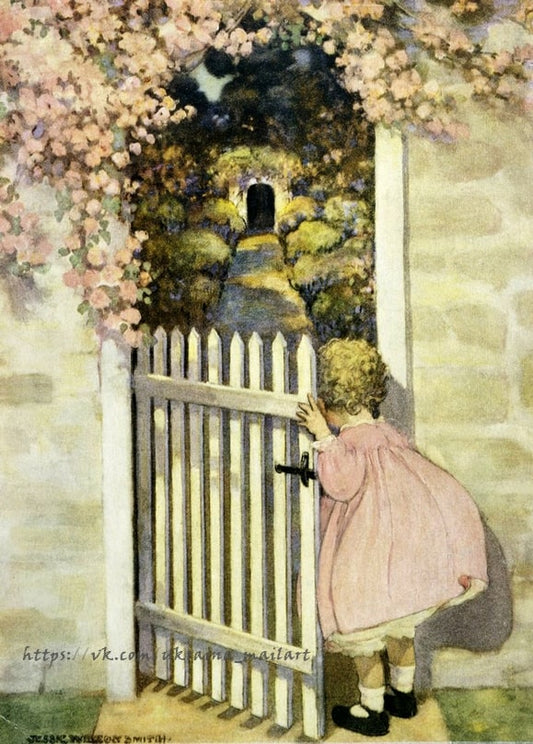 Kleinkind im rosa Mantel öffnet ein Gartentor unter blühenden rosa Blüten, Illustration von Jessie Willcox Smith
