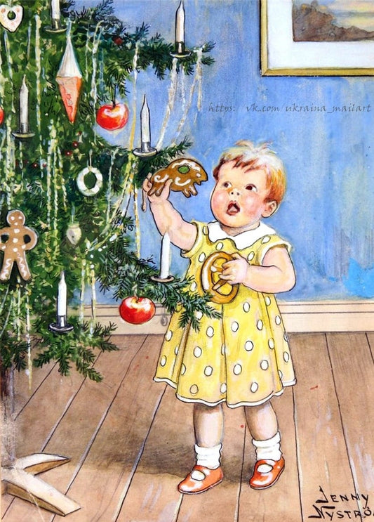 Illustration von Jenny Nyström: Mädchen greift nach Lebkuchen-Anhänger am Weihnachtsbaum