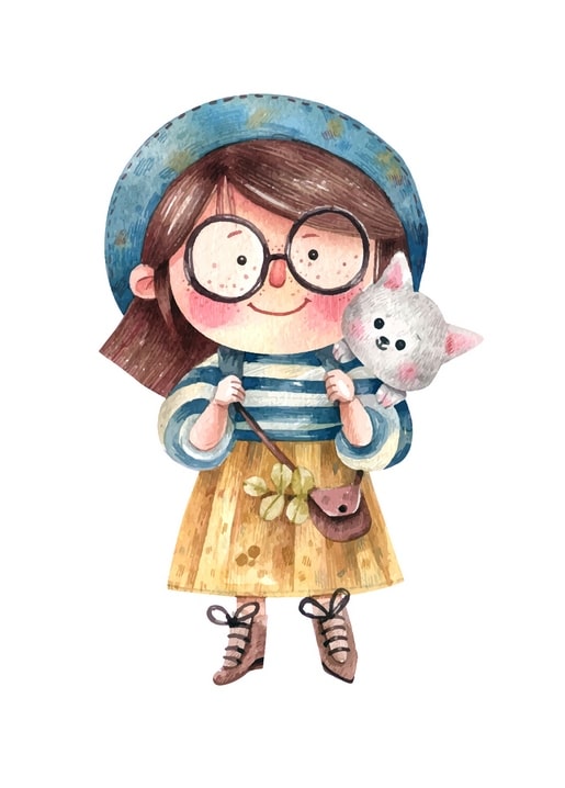 Aquarell-Mädchen mit runder Brille hält Kleeblatt, graues Kätzchen auf der Schulter