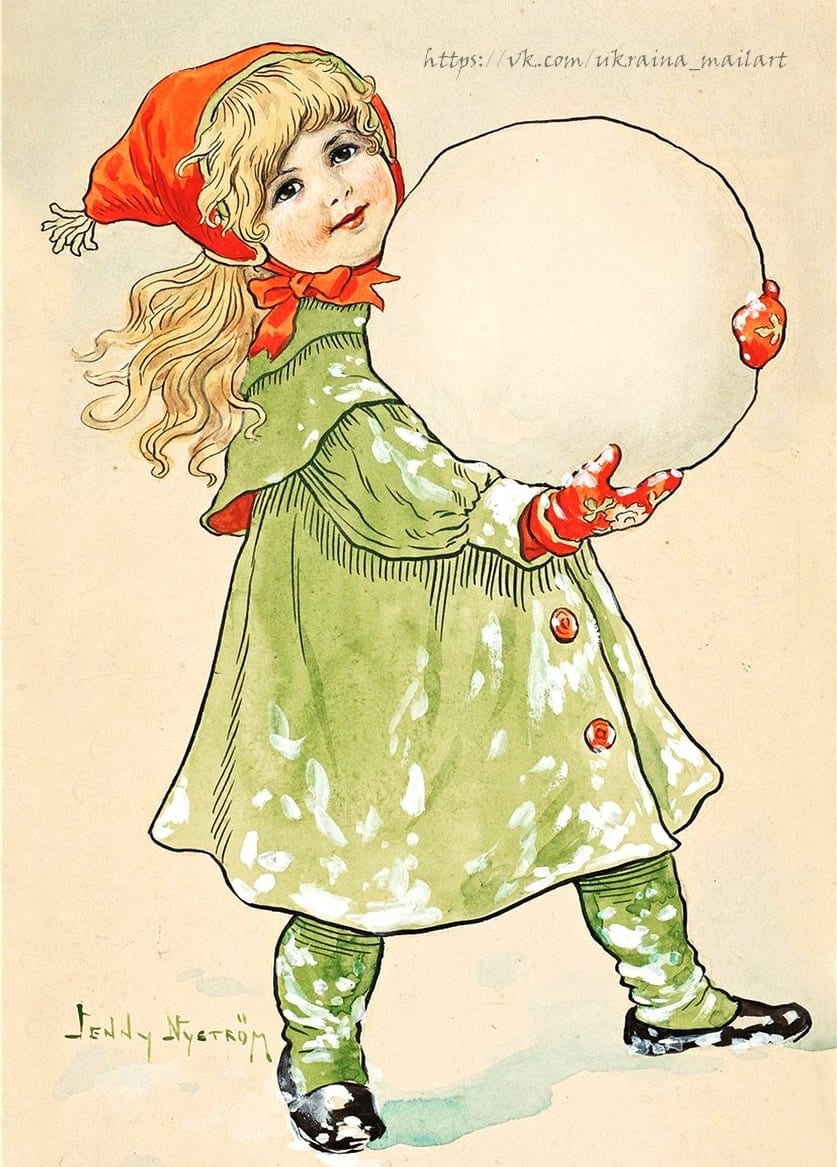 Jenny Nyström illustration of a girl in a green coat holding a giant snowball