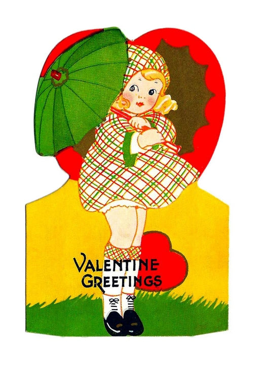 Vintage Valentine postcard of a girl with a green umbrella beside a red heart, captioned Valentine Greetings