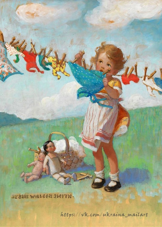 Illustration von Jessie Willcox Smith: Mädchen hängt Wäsche neben Puppenkorb auf