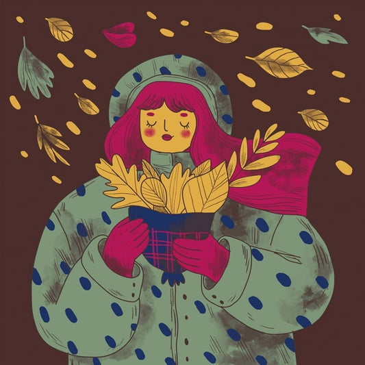 Illustration eines Mädchens im gepunkteten Mantel mit einem Armvoll goldener Herbstblätter