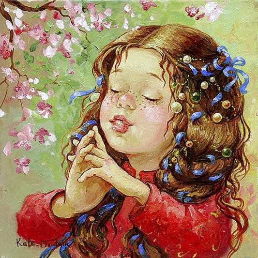 Дівчинка з косою у стрічках і перлинах посилає поцілунок під квітучою сакурою