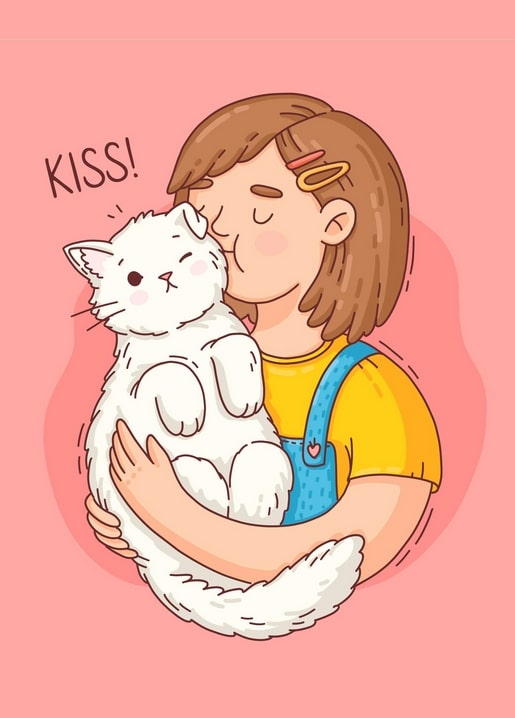 Illustration of a girl closing her eyes to kiss her fluffy white cat on a pink background