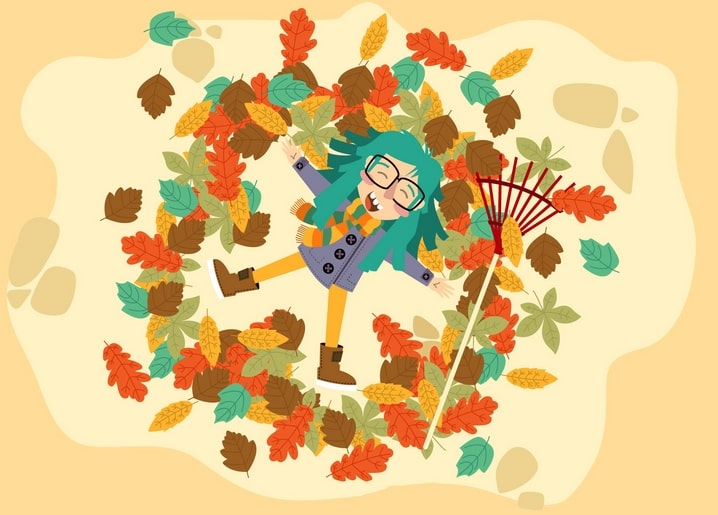 Mädchen mit türkisfarbenem Haar springt mit Rechen in einen Wirbel aus Herbstlaub