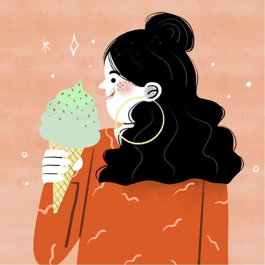 Illustrated girl with hoop earrings eating a mint ice cream cone against a pastel sky