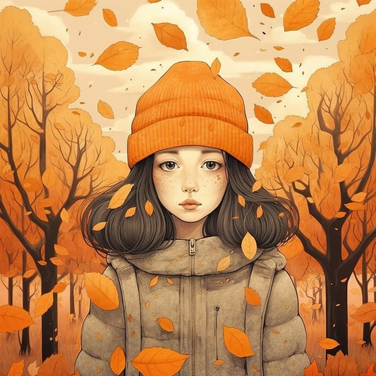Girl in an orange beanie amid swirling autumn leaves and golden trees