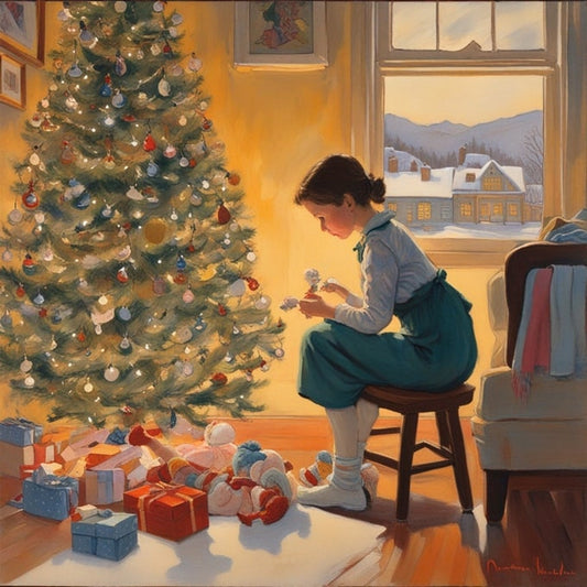 Mädchen sitzt am geschmückten Weihnachtsbaum und hält eine Christbaumkugel in der Hand