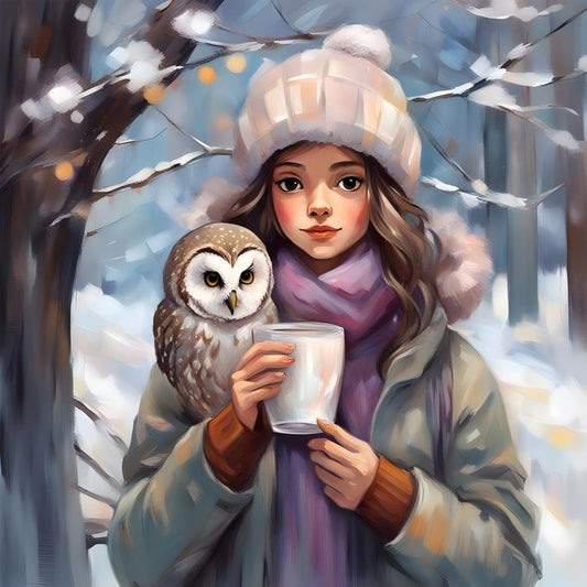 Illustrated girl in a pompom hat holding a mug beside an owl perched on her arm in a snowy forest
