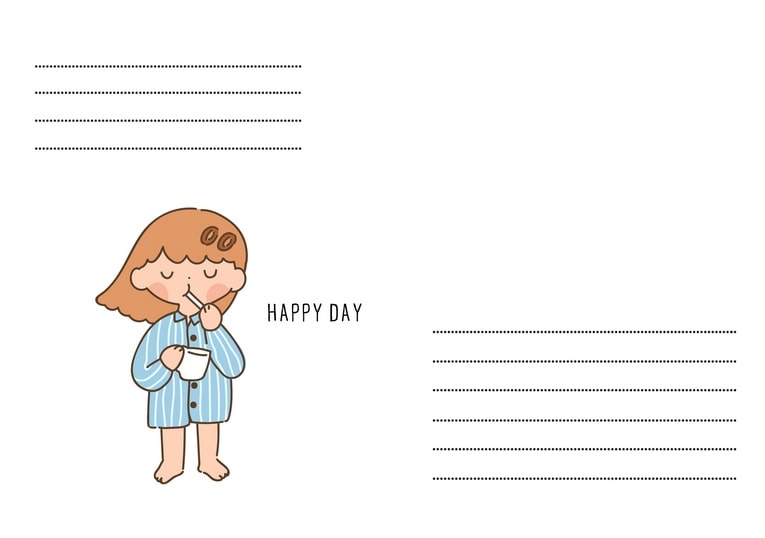 Briefumschlag mit einem Mädchen im blau gestreiften Pyjama, das auf ein heißes Getränk pustet, mit Schriftzug „Happy Day“.