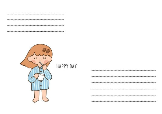 Briefumschlag mit einem Mädchen im blau gestreiften Pyjama, das auf ein heißes Getränk pustet, mit Schriftzug „Happy Day“.