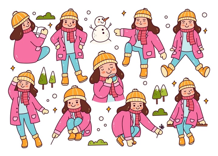 Girl in a pink coat and yellow hat in winter poses beside a snowman