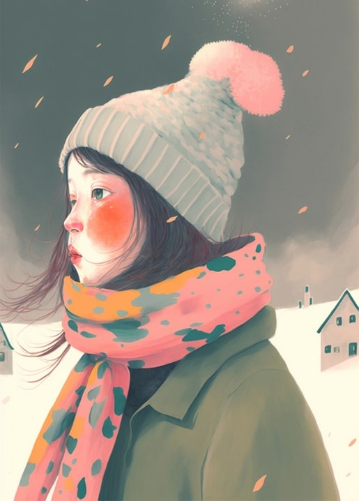 Illustrated portrait of a girl in a pink pom-pom hat and polka-dot scarf in falling snow