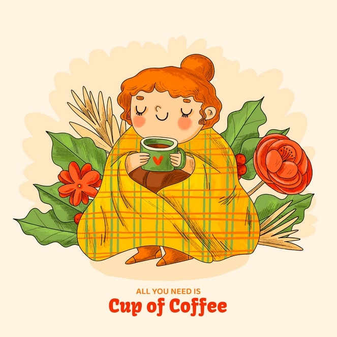 Illustrated postcard of a girl wrapped in a plaid blanket drinking coffee among flowers