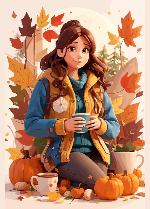 Girl kneeling among pumpkins and fallen leaves, holding a warm mug of cocoa