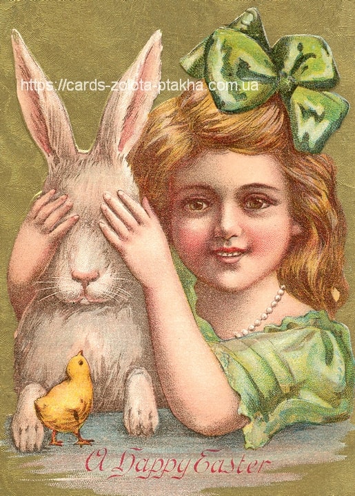 Mädchen hält einem weißen Hasen die Augen zu, daneben ein gelbes Küken