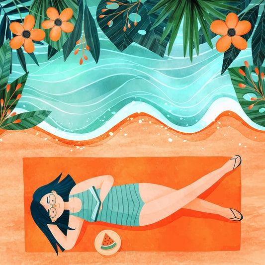 Watercolor girl in glasses reading on an orange towel by the sea with a watermelon slice