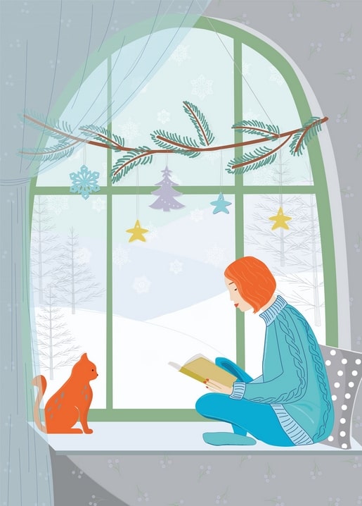 Illustration of a girl reading on a window seat beside a ginger cat, snow falling outside