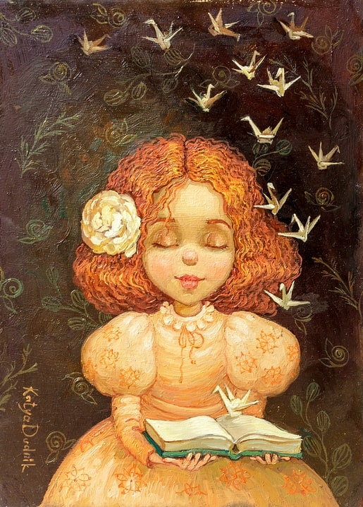 Ілюстрована листівка з дівчинкою, яка читає книгу, а з неї злітають паперові журавлики, Катя Дуднік