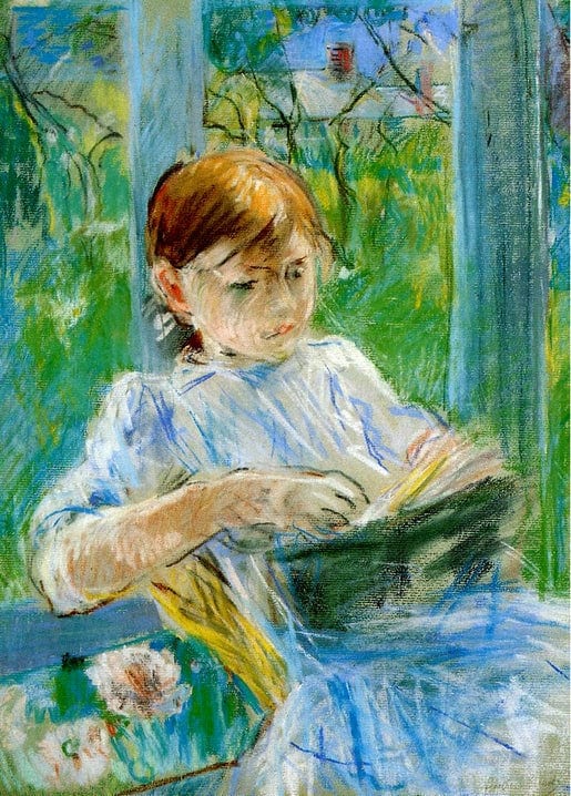 Імпресіоністична картина дівчини, яка читає книжку на сонячній веранді
