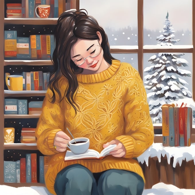 Дівчина в жовтому светрі читає біля вікна з книжками та чашкою кави, за вікном сніг